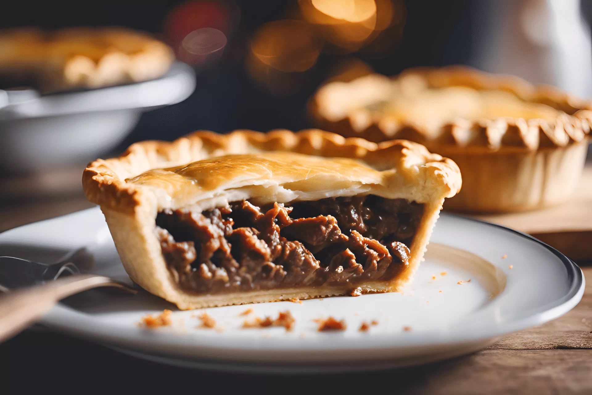 A side view of an open meat pie