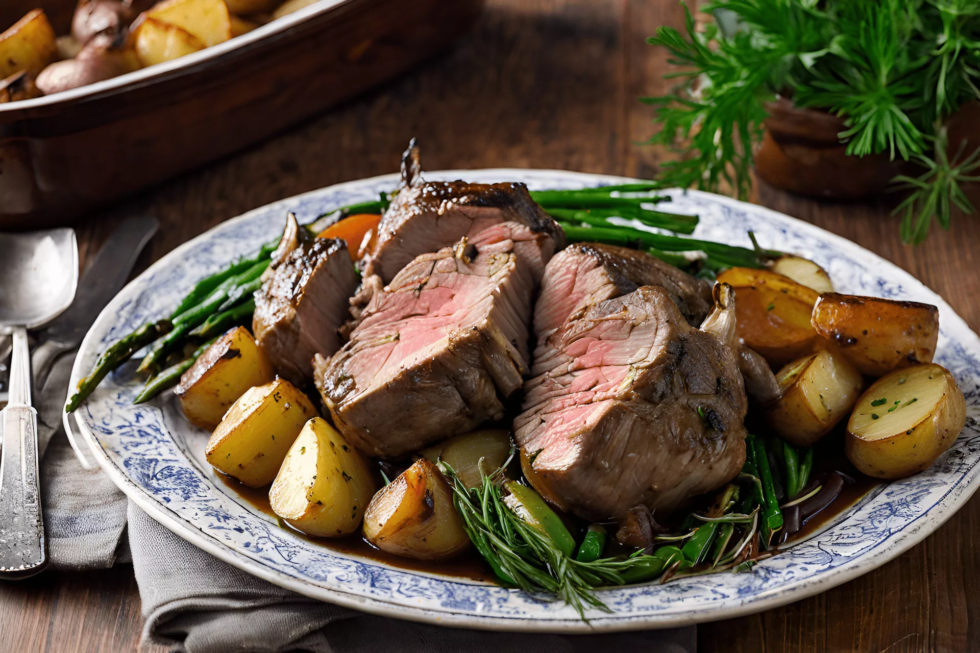 Roast lamb with potatoes and other veggies