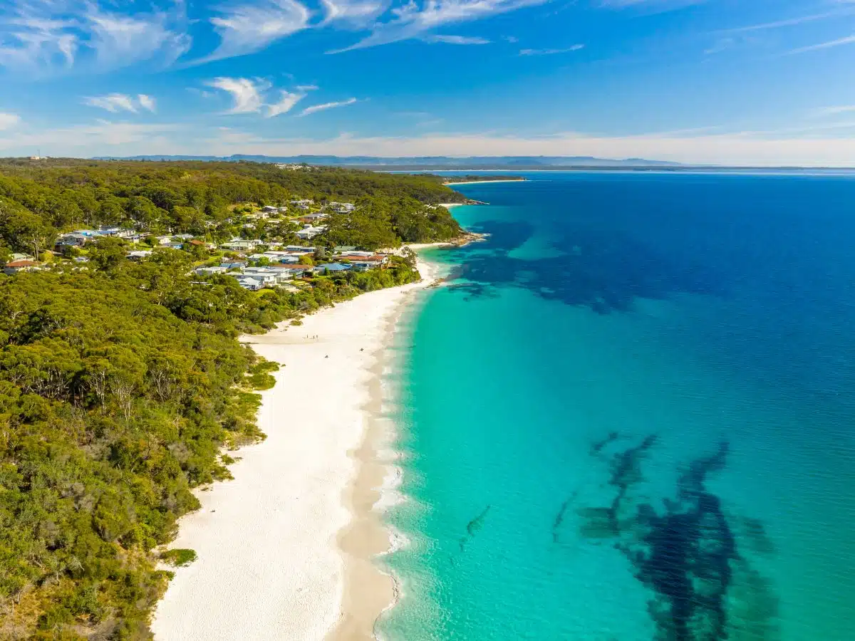 An aerial view of the white sands of Jervis Bay.