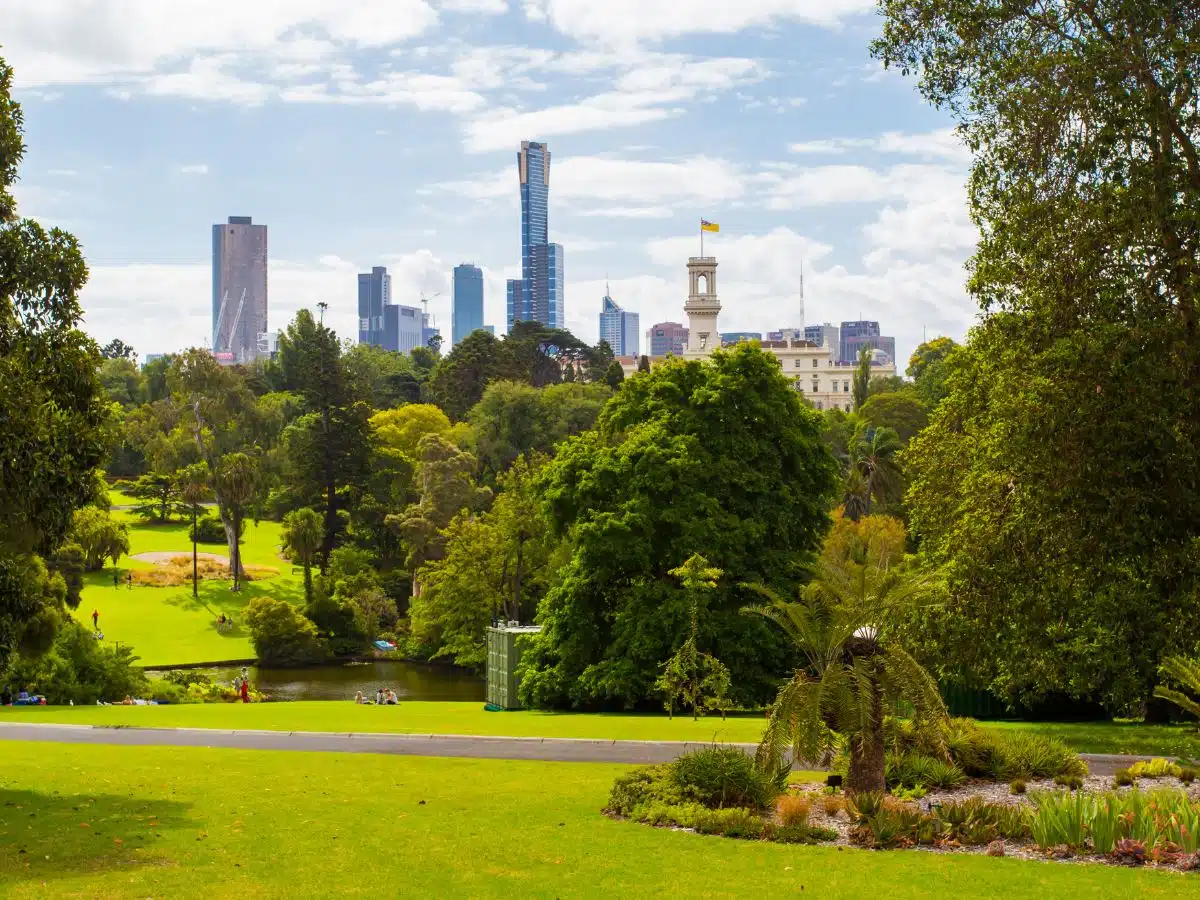 Royal Botanic Gardens in Melbourne with the city in the background.