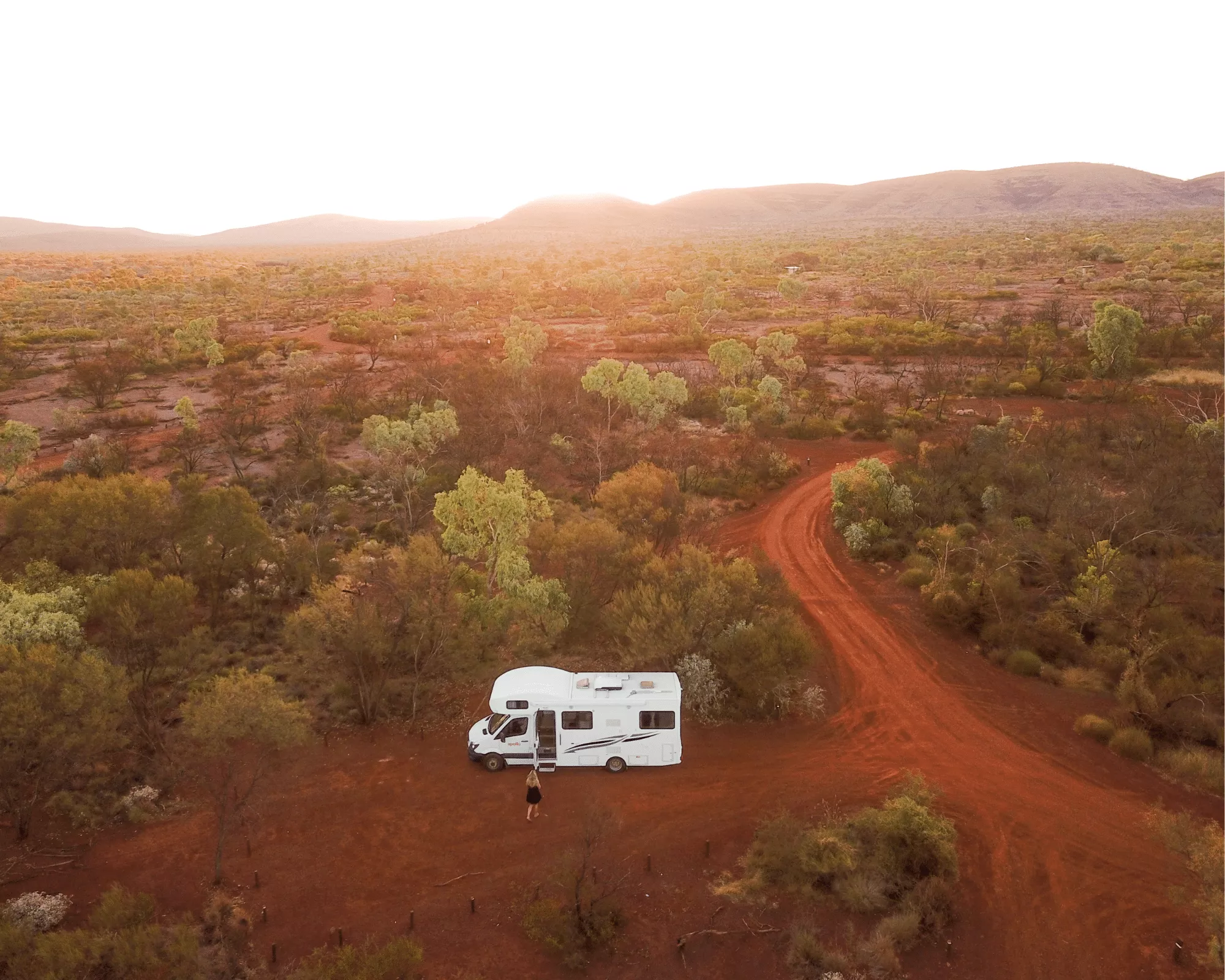 Australia for Adventurous Over 60s Motorhome-parked-up-on-a-dusty-red-track-at-a-bush-campsite