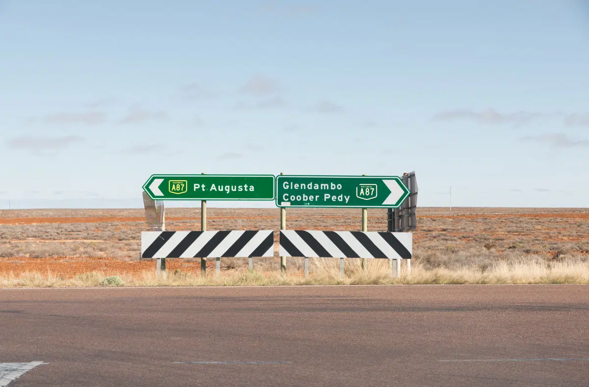 Australian road sign on Sturt Highway neat Marla South Australia with directions to Port Augusta, Glendambo and Coober Pedy