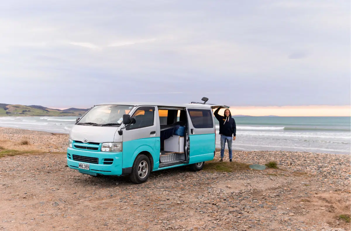 RatPacker posted up with their camper at a beachfront spot – sunset sessions and chilled vibes by the ocean.