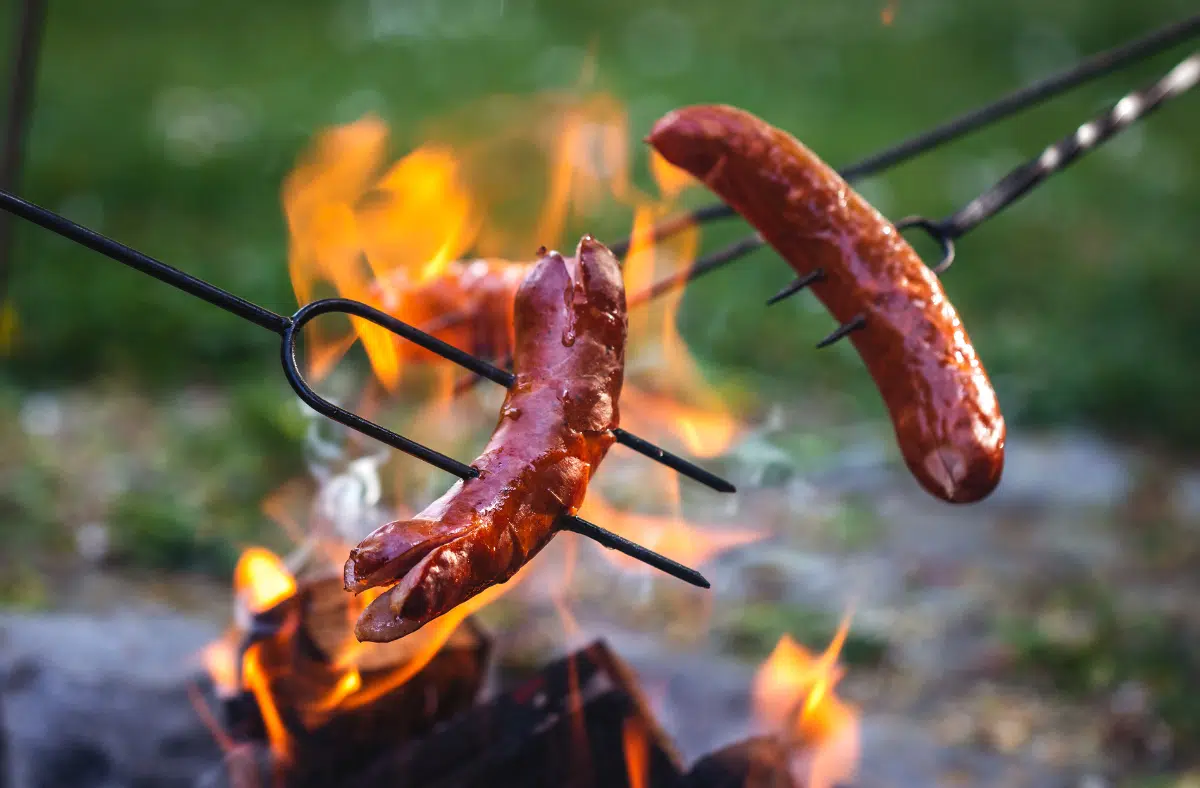 Roasting hot dog over campfire