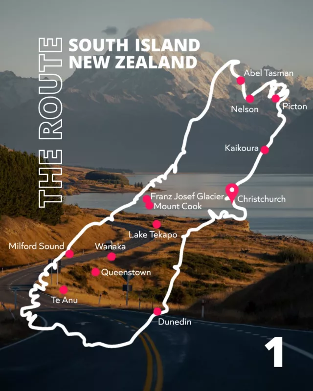 Starting and ending in Christchurch isn't random, it's got the biggest depot selection on the island, so more vans to choose from and a better match for what you actually want.Swipe for the full route, the distances between each stop, and three things worth knowing before you go!!See ya out there... Yeewwwwww!!#newzealandguide @purenewzealand #NZMustDo